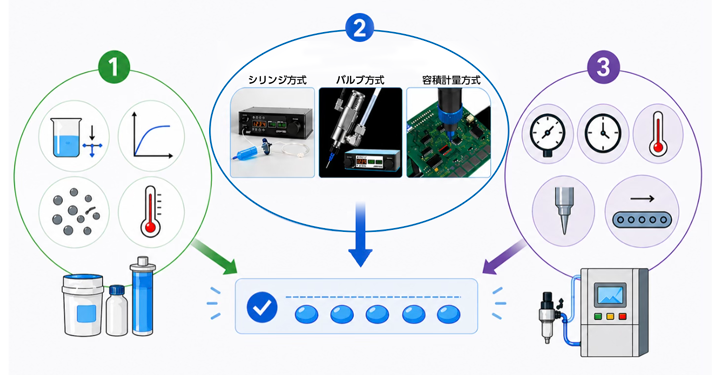 材料・設備・条件の変化による吐出結果イメージ